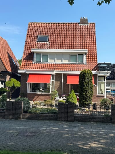 The image shows a detached brick house with a red tiled roof, located in Steenwijk, Netherlands. The house features multiple windows, some with red awnings, and a dormer window on the roof. A chimney with two objects on top is visible. The property is surrounded by a low brick wall and a decorative metal fence. The garden area contains various plants, shrubs, and a sculpted tree. In the foreground, a paved sidewalk with a drain cover is visible, and the street is lined with trees casting shadows. The sky is clear and blue. There are no people visible in the image.