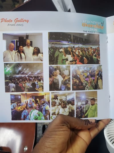 The image displays a collage of photographs on a page with text. The title "ATMOSPHERE of WORSHIP 2020 THE KING IS COMING" is visible on the left side of the page, above a row of images. Below this, "Photo Gallery From 2025" is also visible.
The photographs depict scenes of a large gathering of people, likely at a religious event given the "Atmosphere of Worship" text. Many individuals are seen with their hands raised, suggesting a moment of praise or prayer. The people are diverse in age and attire, with some wearing traditional Nigerian clothing and headwraps.
Several individual photos show close-ups of people in the crowd. One image shows a woman in a green and white patterned outfit with her arms outstretched, smiling. Another photo features a group of people in white attire, possibly clergy or attendees in uniform. A few other images capture smaller groups or individuals within the larger congregation.
The setting appears to be indoors, with a stage or raised platform visible in some of the wider shots, illuminated by stage lighting. The overall mood conveyed by the images is one of communal worship and spiritual engagement. The text "Kason, Nigeria" indicates the geographical context of these events. The presence of a hand obscuring part of the right side of the collage is a notable detail in the original image.