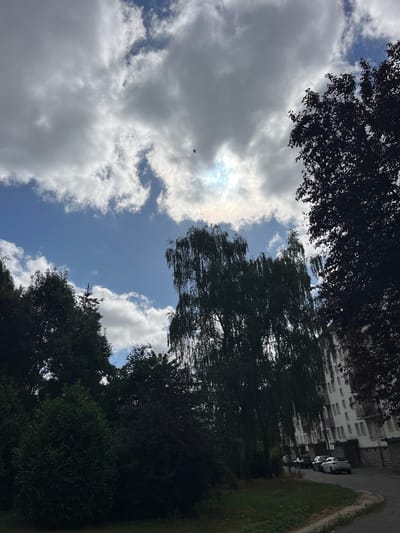 The image depicts an outdoor scene, likely taken from a low angle looking upwards. The sky is a prominent feature, filled with a mix of white cumulus clouds and patches of bright blue. The sun is visible, creating a bright flare and a faint rainbow effect within the clouds. Silhouetted against the sky are the dark leaves and branches of trees framing the scene from the top and sides.
In the background, a modern white building with numerous windows and balconies is visible, suggesting an urban or suburban residential area. A road runs alongside the building, with a few cars parked on it. The presence of the building and parked cars indicates a populated area. The foliage suggests it is daytime, likely late morning or afternoon, given the sunlight. The weather appears fair, with a mix of sun and clouds.
There are no people visible in the image. The overall impression is one of a peaceful, albeit somewhat overcast, day in a residential setting, possibly a courtyard or street in Rennes, France, as indicated by the location context. The angle of the shot, emphasizing the sky and trees, gives it a somewhat dramatic or contemplative feel. No text is visible in the image.