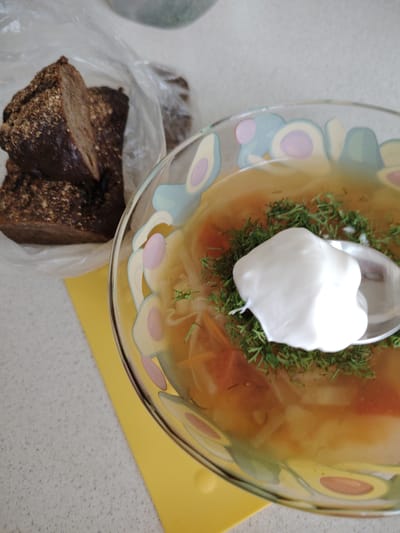 A close-up overhead shot shows a bowl of soup, a spoon with sour cream, chopped dill, and two pieces of dark bread in a plastic bag. The soup appears to be vegetable-based with chunks of vegetables visible in the broth. The bowl has a decorative rim with an abstract pattern of pastel shapes. The bread is dark brown with visible grains and a rough texture. The scene is set on a speckled white countertop, with a yellow placemat partially visible. The image is sharp and well-lit, with a shallow depth of field that blurs the background. The context of Vladimirovka, Russia, is not evident from the visual information alone.