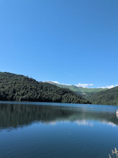 The image depicts a serene lake in the city of Toğanalı, Azerbaijan. The lake's surface is calm, reflecting the lush green mountains that surround it. The mountains are densely covered with trees, creating a vibrant, verdant landscape. The sky above is a clear, brilliant blue, with a few wispy clouds scattered in the distance. The overall scene is one of natural beauty and tranquility, characteristic of the picturesque scenery found in the region. The vantage point suggests the photograph was taken from the edge of the lake, possibly from a boat or the shore.
