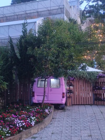 The image depicts a tranquil scene in Lạc Dương, Vietnam, at what appears to be dusk or early morning given the soft lighting. A vibrant pink van is parked behind a wooden fence, partially obscured by lush green foliage and trees. The van's rear doors are visible, with windows reflecting the ambient light.
In the foreground, a curved flowerbed overflows with a colorful array of small blossoms in shades of pink, red, and white, bordered by a concrete edge. The ground is paved with patterned grey tiles. Beyond the van and fence, a tall wooden gate stands, adorned with hanging planters containing more purple flowers. In the background, the silhouette of a large greenhouse structure is visible, with its translucent roofing and metal framework. Further up the hillside, a cluster of trees is decorated with numerous small, warm-toned lights, suggesting a festive or evening ambiance. The overall setting appears to be a garden or a well-maintained outdoor space, possibly a cafe or a residential area, given the combination of flowers, decorative lights, and the presence of the van. There are no people visible in the image, and no text is discernible. The mood is peaceful and serene, with a touch of whimsy from the brightly colored van and the twinkling lights.