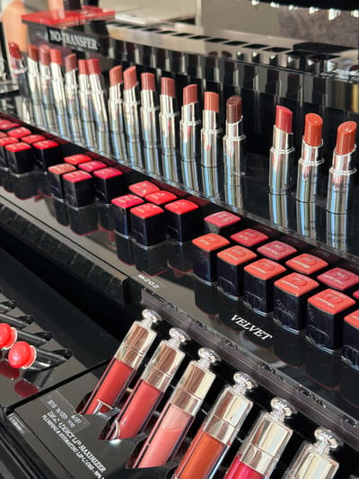 This media file is a close-up, angled shot of a display of Dior lip products, likely in a retail setting. The focus is on numerous tubes of lipstick and gloss arranged in black tiered stands. The lipsticks, in silver tubes, are mostly closed, showing a range of nude to red shades on their caps and in some instances, slightly extended. The lip glosses, in clear tubes with silver caps, reveal shimmering, glossy finishes in shades of pink and red.
Visible text includes brand names and product details. On the black caps of some lipsticks, "VELVET" and shade numbers like "764," "840," "868," and "998" are clearly printed, along with names like "ROUGE GIPSY," "RAYONNANTE," and "FAHRENHET." Some lipstick tubes also display "NO-TRANSFER" and "SATIN." One label on a lip gloss tube reads "DIOR ADDICT LIP MAXIMIZER PLUMPING & HYDRATING LIP GLOSS - 90%..." with a product code "₪181" and "3016 מחיר ל100מל," indicating a price in Israeli currency and context suggesting Jerusalem, Israel.
The lighting appears to be artificial, typical of an indoor store display, and there are no people visible. The overall impression is one of organized cosmetic merchandising, showcasing a variety of lip product colors and finishes.