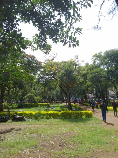 The image shows a park located at coordinates -1.453, 37.007 in the city of Athi River, Kenya. The park is characterized by green grass and various species of trees, including palm trees. There are several people walking on a path, and several more people are sitting and lying on the grass. Some of the people are wearing casual clothing, and some are wearing uniforms. The scene is peaceful and quiet. The weather is sunny and bright.
