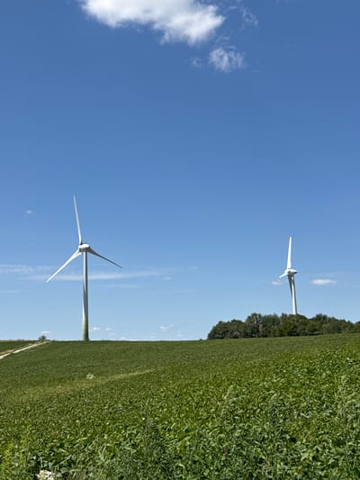 The image shows two wind turbines in a rural landscape under a clear blue sky with scattered white clouds. The foreground is dominated by a vast green field, likely agricultural, with rows of plants stretching towards the horizon. The left turbine is closer to the viewer, its white blades extended against the sky. A dirt path is visible winding up a slight incline towards it. In the middle ground, a dense line of trees forms a dark green contrast to the bright field. The second wind turbine is positioned to the right, further in the distance, also standing tall against the sky. The scene appears serene and open, characteristic of a countryside setting. This image was taken on July 17, 2023, at 12:57 PM in Kuriany, Ukraine.