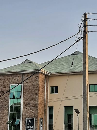 The image shows a street view in Ogbomosho, Nigeria, featuring a building with a two-tone facade. The left side of the building is clad in textured brown brickwork, with a tall vertical window consisting of multiple panes, some of which are open. The right side of the building is smooth and cream-colored, with several rectangular windows and balconies. A green-tiled roof with a geometric peak is visible. A wooden utility pole with numerous electrical wires runs vertically along the right side of the image, obscuring parts of the building and the sky. The sky is clear and pale blue. A sign on the brick section reads "Le HARVE Hotels".