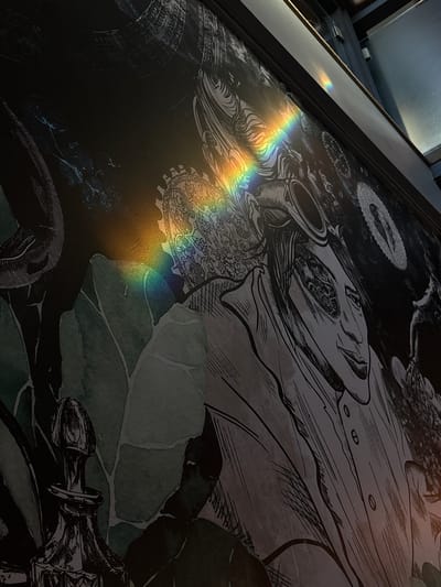 The image displays a close-up, angled view of a black and white mural on a wall. A prominent rainbow-colored light refraction is visible across the upper right portion of the mural, creating a spectrum of colors. The mural itself features intricate line drawings, including what appears to be a portrait of a person with goggles and gears, as well as botanical or abstract elements. The overall style is detailed and somewhat surreal. The environment suggests an indoor setting, possibly a public space or a venue in Ipswich, United Kingdom, given the context provided. The lighting conditions indicate a light source creating the refraction.