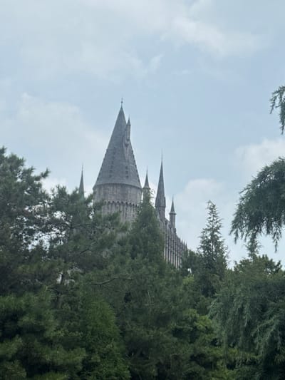 The image shows a medieval-style castle with multiple spires, partially obscured by lush green trees in the foreground. The castle appears to be made of stone, with intricate architectural details on its towers and walls. The sky above is overcast with clouds. The scene evokes a fantasy or historical setting, suggesting it could be a theme park attraction or a meticulously designed architectural structure. The location is identified as Tongzhou District, China. There are no people or animals visible in the image. The overall impression is one of grandeur and mystery, with nature and architecture harmoniously coexisting.