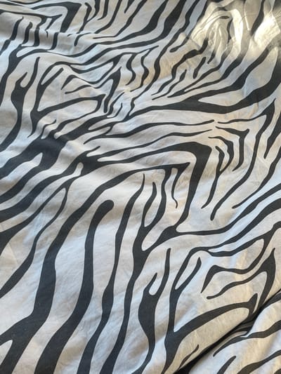 The image displays a close-up view of a white fabric with a black zebra stripe pattern. The fabric is creased and has a slightly rumpled appearance, suggesting it might be a bedsheet or a similar textile. The lighting creates some highlights and shadows on the surface, emphasizing the texture of the material. There are no people, animals, or any discernible objects beyond the patterned fabric itself. The background is uniformly the fabric. The image does not provide any information about its location in Мухавецкі сельскі Савет, Belarus.