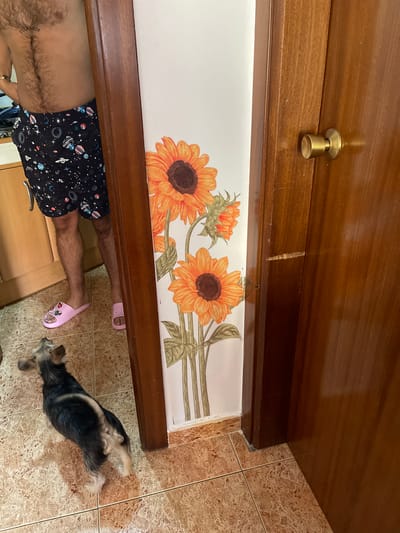 A man is standing in a doorway, partially visible. He is wearing dark patterned shorts with celestial imagery and pink slides. Next to him, a small dog is looking up towards the man. The wall features a decal of sunflowers. A wooden doorframe with a brass doorknob is visible. The floor is tiled. This scene appears to be indoors, possibly in a residential setting in Santa Coloma de Gramenet, Spain.