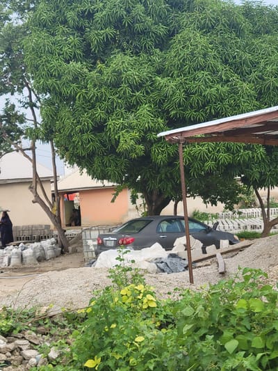 A medium shot captures an outdoor scene in Suleja, Nigeria, dominated by a large, leafy tree. In the foreground, lush green foliage and some scattered rocks create a natural border. To the left, a person in dark clothing with a head covering stands near stacks of building materials, including bags and what appear to be concrete blocks. Behind them, a building with a cream-colored facade is visible. A single-trunked tree with sparse branches stands in front of this building.
Further into the scene, a pale orange building with an open doorway is situated. Through the doorway, it's possible to see one or two figures and some items inside. Adjacent to this building is a dark gray sedan car. The car is partially obscured by construction debris, including concrete blocks and a large tarp. The car's rear is visible, with its taillights illuminated. Behind the car, more stacks of concrete blocks are arranged.
The overall environment suggests a residential or semi-commercial area with ongoing construction or renovation activities. The background shows glimpses of other structures and a cloudy sky. The image appears to be taken during daylight.