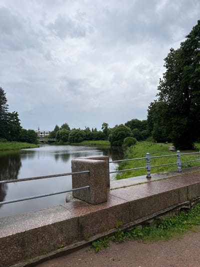 This image depicts a cloudy day scene by a body of water, likely a river or canal, in the city of Pushkin, Russia. In the foreground, a stone embankment with a metal railing lines the water. The embankment is made of pinkish granite and appears wet, suggesting recent rain. The railing consists of multiple horizontal bars supported by vertical posts. Across the water, a lush green parkland is visible, dotted with trees of various sizes and shapes. A white building with a modern architectural style and a bridge leading to it are situated on the far bank, amidst the trees. The sky is overcast with gray clouds. The overall atmosphere is calm and serene, typical of a park setting.