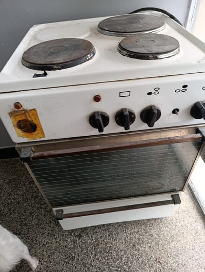 The image shows a top-down view of a white electric stove. The stove has four circular burners on top, three of which are visible. The burners appear to be made of cast iron and show signs of wear and use. Below the burners, there is a control panel with several knobs and indicator lights. The stove also has an oven with a glass door. The oven door is partially open, revealing the interior. The stove is placed on a speckled floor. The background is a grey wall. A small portion of a white dog's tail is visible on the left side of the image. The scene appears to be indoors, possibly in a kitchen or utility area. The stove is located in Razgrad, Bulgaria.