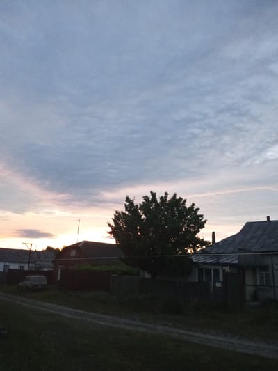 The image depicts a rural scene at dusk in Shostka, Ukraine. The sky is filled with a mix of soft, textured clouds, with a gentle gradient of light transitioning from a pale orange and pink glow near the horizon to a muted blue overhead. A few thin, horizontal streaks of lighter color suggest the lingering remnants of sunlight.
In the foreground, a dirt road or path winds through grassy terrain. To the right, a dark wooden fence encloses a property with a rustic house. The house has a dark, sloped roof and visible windows. A chimney rises from the roof. To the left of the house, a dense, dark green tree stands prominently. Further to the left, another house is partially visible, appearing lighter in color. A light-colored, older model vehicle, possibly a van or SUV, is parked in front of this house. Power lines are also visible stretching across the frame.
The overall atmosphere is peaceful and tranquil, characteristic of the end of a day in a rural setting. The lighting suggests it is twilight, with the sun having recently set or about to set. There are no people visible in the image. One small detail of text is visible on the fence or gate in front of the house: "13".