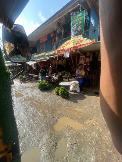 The image captures a muddy street market scene in Akowonjo, Nigeria, under a clear blue sky with scattered clouds. The perspective is from within a vehicle, likely a tuk-tuk, indicated by the presence of a side mirror reflecting a person's face and shoulder, and a fuzzy green object, possibly a seat cover, in the foreground. The street is heavily waterlogged, with numerous puddles reflecting the sunlight and creating a challenging terrain.

On the right side of the street, a row of market stalls is visible. These stalls are covered with awnings and display various goods. One stall has a prominent red and yellow umbrella with "MAGGI" branding. Several people are present at the stalls, engaged in various activities. A woman is seated in front of a stall, wearing a grey t-shirt with a smiley face and blue pants, appearing to be a vendor. Another woman in a pink dress stands behind a stall, and a man wearing a dark shirt and light-colored pants is seen interacting with someone at a stall.

In the foreground and scattered throughout the scene are large bundles of fresh green leafy vegetables, likely produce for sale. Bags of produce, including a large white sack with "10kg x 5" visible, are also present. Signs are visible on the buildings, including one that reads "Available in 50ml & 25ml" with a red circular logo, and another green banner with text and images of two men, suggesting a political or campaign poster. The buildings themselves appear to be simple, multi-story structures with corrugated metal roofs, typical of market areas in urban Nigeria. The overall impression is one of a bustling, albeit muddy, local market environment.