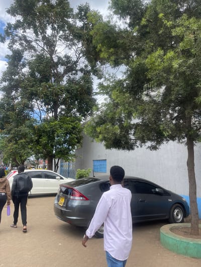 The scene depicts an outdoor environment, likely a street or parking area in the Hospital ward, Kenya, under a partly cloudy sky. The ground is unpaved, appearing as dirt or packed earth. Three individuals are visible, walking away from the camera. In the foreground right, a male subject with dark, short hair is seen from behind, wearing a light pink long-sleeved collared shirt and blue jeans. He is walking towards a dark grey hatchback car, possibly a Honda Insight, which is parked facing away, displaying a partially visible Kenyan license plate "KYY 244B". To the left of this vehicle, another male subject is walking, also seen from behind, wearing a black shirt, dark trousers, and a black backpack. To his left, a third individual, likely female, is walking, seen from behind, wearing a light brown jacket or top and dark trousers, holding a purple water bottle in her left hand. A white sedan is parked behind the second and third individuals. The background features a light grey, textured building with a small, blue-framed window or vent opening. Multiple large trees with green foliage dominate the upper portion of the frame and cast shadows, partially obscuring other distant structures. A tree on the right is bordered by a low curb or planter painted green.