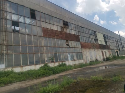 The image displays the long, weathered facade of a large, abandoned industrial building or factory, likely situated in Zhivkovo, Bulgaria. The structure is characterized by an extensive grid of windows covering most of its upper half. These windows feature multiple panes, many of which are broken, missing, or show signs of deterioration. Rusty frames and horizontal slatted panels, possibly vents or louvers, are visible across several window sections.
A rusted, caged ladder or fire escape is attached to the left side of the building, further emphasizing its industrial past. The concrete walls appear aged and discolored, indicating prolonged exposure to the elements and a state of disrepair. Lush green foliage, comprising bushes and weeds, grows densely along the base of the building and in the foreground, gradually reclaiming the disused area. A small sapling or plant can be seen growing within one of the lower window openings.
The foreground consists of an unpaved, rough dirt and gravel surface with several puddles of standing water, suggesting either recent rainfall or poor drainage. The sky above is partly cloudy, with patches of blue visible, indicating that the photograph was taken during the daytime. The scene appears deserted, with no people or discernible activity taking place. The overall impression is one of abandonment, decay, and forgotten industrial heritage. No visible text is present in the image.