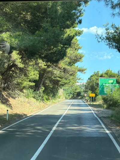 The image shows a road with trees on both sides and a blue sky with clouds. There is a billboard on the right side of the road, and a speed limit sign. The road appears to be in a rural or suburban area, with some buildings visible in the distance on a hill. The presence of a billboard advertising "Tantum Verde" and a sign that reads "Blizikuce" suggests this location is near Blizikuće, a small settlement in Montenegro. The overall scene depicts a sunny day in a scenic, possibly Mediterranean, environment.