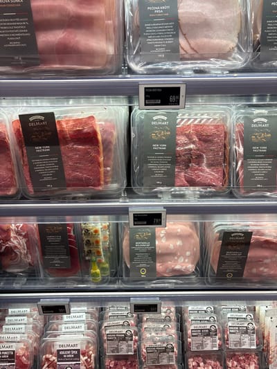 The image depicts a brightly lit refrigerated display case within a supermarket in the Capital City of Prague, Czechia. Four shelves are visible, densely stocked with various pre-packaged processed meat products.

On the partially visible top shelf, clear plastic packages of sliced ham ("Pečená šunka") and roast turkey breast ("Pečená krůtí prsa") are arranged. A digital price tag, positioned above this shelf, shows "69.90 Kč" for "Pečená krůtí prsa."

The second shelf from the top contains multiple clear plastic packages of "PREMIUM DELMART NEW YORK PASTRAMI," featuring dark labels with white text and a landscape illustration.

The third shelf from the top displays packages of "CARPACCIO & PARMIGIANO REGGIANO" by Delmart, interspersed with small yellow-green bottles, likely condiments. Adjacent to these are packages of "DELMART MORTADELLA BOLOGNA IGP." A digital price tag above this shelf indicates "79.90 Kč" for "NEW YORK PASTRAMI."

The bottom shelf is densely packed with smaller clear plastic trays containing diced or sliced meats. These include "DELMART Krájená slanina na vaření" (sliced bacon for cooking) with a price tag of "99.90 Kč," and "DELMART Krájená uzená pancetta" (sliced smoked pancetta) with a price tag of "55.90 Kč."

All products are vacuum-sealed or shrink-wrapped in clear plastic, revealing the contents. The packaging features black labels with product names in Czech and English, along with the "DELMART" brand logo. The digital price tags show prices in Czech Koruna (Kč). No individuals are visible in the scene.