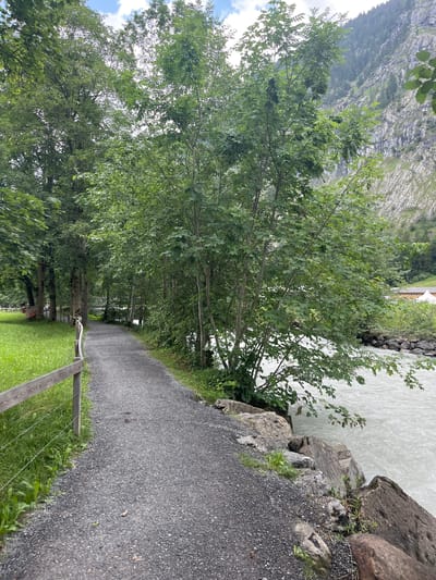 An eye-level, vertical shot shows a gravel path curving away from the viewer towards the right. To the left of the path is a grassy area bordered by a wooden fence. Beyond the grassy area, several trees with lush green foliage are visible, some of which are quite tall. To the right of the path, large rocks line the bank of a fast-flowing, milky-white river. Beyond the river, a steep, rocky mountainside rises, dotted with patches of green vegetation and trees. The sky above is partly cloudy. In the far distance, on the right side of the image, a building with a light-colored roof is visible. The scene appears to be located in a natural, mountainous setting.