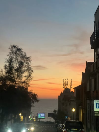 The image captures a serene coastal urban scene during what appears to be dusk or dawn, with a dramatic sky dominating the upper half. The sky exhibits a gradient of colors, transitioning from soft blue-grey on the left to vibrant orange and pink hues towards the right, suggesting a sunset over the sea. Wispy clouds are painted across these vivid colors.
In the middle-right of the frame, the calm, dark expanse of the sea stretches towards the horizon. Along the bottom and extending upwards on the left, urban infrastructure is silhouetted against the bright sky. Dark, indistinct buildings line a street or promenade, with one structure featuring a visible balcony or railing. A prominent, heavily silhouetted object, possibly a communication tower or a rooftop antenna array, stands against the colorful sky near the buildings.
The foreground on the bottom-left features the dark, dense foliage of a tree, its branches forming an intricate silhouette. On the right side of the image, parallel to the sea, is a street with illuminated streetlights casting a warm glow. Several vehicles, appearing as dark shapes with glowing headlights or taillights, are visible on the road.
Notable details include a blue rectangular sign attached to a pole or building on the upper right, displaying a white "P" with the word "ZONA" above it, indicating a parking zone. Another illuminated rectangular sign, possibly an advertisement, is visible closer to the sea. The overall mood is tranquil, with the artificial lights of the city beginning to glow against the fading natural light.
Given the location context of Aldoar, Foz do Douro e Nevogilde, Portugal, the scene likely depicts a view along the coast of Porto, looking out over the Atlantic Ocean at sunset.