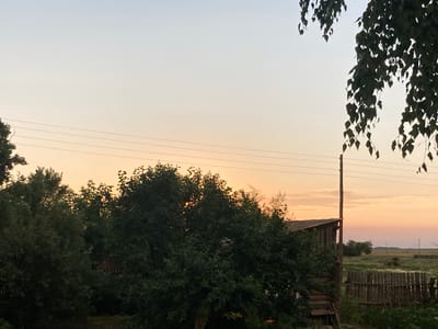 This media file captures a tranquil rural scene in Rakity, Russia, during either dawn or dusk. The sky is a soft gradient of pale yellow and pink, suggesting either the sunrise or sunset. In the foreground, lush green trees dominate, with their leaves appearing dark due to the low light. Partially obscured by the foliage is a rustic wooden structure, possibly a shed or outbuilding, with a weathered roof. To the right, a weathered wooden fence runs horizontally, bordering a field that extends into the distance. Another wooden post, likely for power lines, stands prominently on the right side of the frame. The overall atmosphere is peaceful and serene, conveying a sense of quietude characteristic of a rural setting at the transition between day and night. No people or visible text are present in the image.