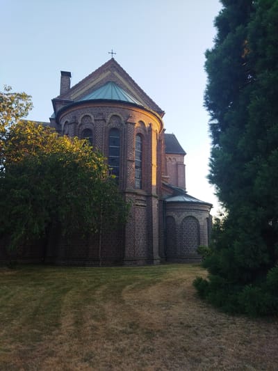 The image shows a large brick church with a tall, pointed roof topped with a cross. The church is surrounded by a lush green lawn and trees. The sky is clear and blue. A large evergreen tree is on the right side of the image, obscuring a portion of the church. The church is a Gothic-style building, with arched windows and a steeple. The brickwork is dark red, and the roof is a metallic green. The sunlight is hitting the side of the church, creating a warm glow. The church appears to be St. Josef Kirche in Leverkusen, Germany.