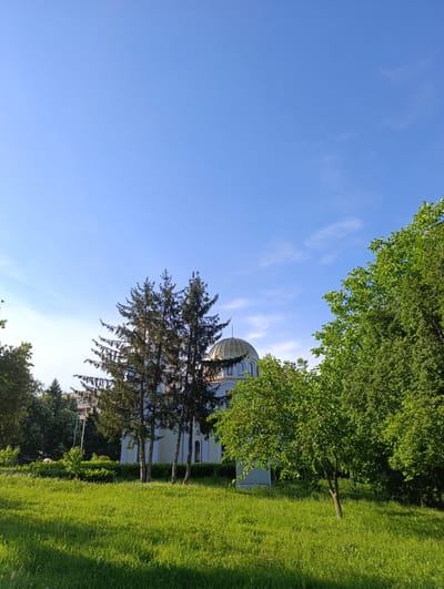 The image shows a bright, sunny day with a clear blue sky. In the background, a light blue building with a green dome is partially visible, surrounded by trees. Several tall, dark green pine trees stand in front of the building. In the foreground, a lush green lawn stretches across the scene, with a few smaller trees and bushes scattered throughout. The overall impression is one of a peaceful park or garden area, likely in Razgrad, Bulgaria, given the architectural style of the building and the vegetation. There are no people or animals visible in the image.