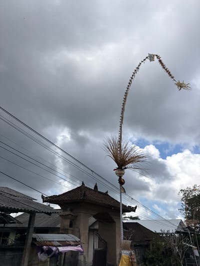 The image depicts a street scene in Susut, Indonesia, under a cloudy sky. A prominent "Penjor" stands tall in the foreground, a decorative Balinese bamboo pole adorned with woven palm leaves, flowers, and a small flag. The Penjor curves gracefully upwards, reaching into the sky. To the left of the Penjor, an ornate gateway with a tiled roof and intricate carvings is visible. Several power lines crisscross the sky above. In the background, traditional Indonesian houses with tiled roofs and corrugated metal structures are seen. The overall atmosphere is somewhat subdued due to the overcast weather. No people are clearly visible in the frame.