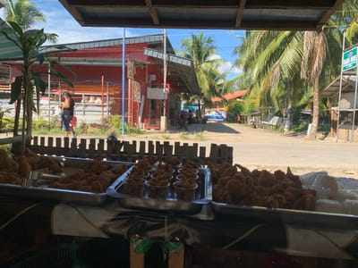 The image captures a street-level view of a food stall in Kiblawan, Philippines, likely on a sunny day. In the foreground, three metal trays are filled with fried chicken pieces. The tray on the left contains larger pieces of chicken, while the middle tray holds smaller portions served in clear plastic cups. The tray on the right displays more fried chicken pieces, and behind it, a stack of white plastic-wrapped items, possibly rice or another food item, is visible. The food stall appears to be set up outdoors, with a rustic wooden fence in the background.
Beyond the food stall, a street runs horizontally across the frame. A red brick building with a corrugated metal roof is situated on the left side of the street, with a green and white sign that is partially visible. Palm trees are abundant throughout the scene, indicating a tropical environment. A person, appearing to be a woman with long dark hair, is walking away from the camera on the left side of the street, carrying a white plastic bag and wearing a black tank top and dark shorts. Other individuals and motorcycles are present further down the street, suggesting a busy local area. The sky is blue with scattered white clouds. A green street sign with white text, reading "HAN NHS" and an arrow, is visible on the right side of the frame, along with another simple wooden structure. The overall impression is a bustling local marketplace scene in the Philippines.
