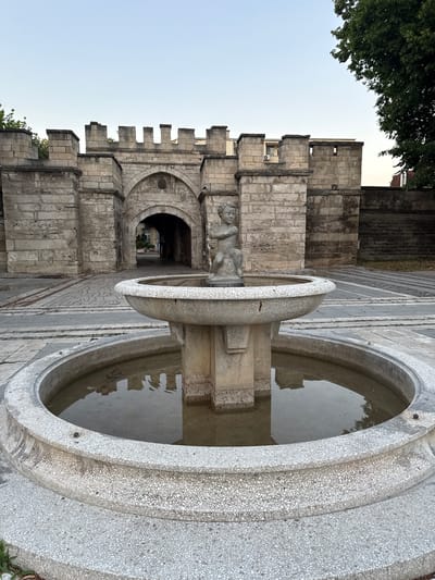 This image captures a section of an ancient fortress, possibly the Baba Vida Fortress in Vidin, Bulgaria, given the architectural style. The scene is dominated by massive stone blocks that form crenellated walls and arched doorways, suggesting a historical and fortified location. In the foreground, a circular stone fountain with a rough, speckled texture is visible. The fountain contains still water, reflecting the sky and some of the surrounding stonework. A small, weathered sculpture of a human figure is centrally placed within the fountain's structure. The overall impression is one of age and solidity.
The lighting suggests it is daytime, possibly late afternoon or early morning, with a clear, pale sky. The image is oriented vertically, with the top of the frame showing a portion of a dense green tree canopy. The weathered stone, the presence of a fountain, and the fortress-like architecture point to a public historical site. No text is visible in the image. The scene evokes a sense of history and quiet contemplation, with the still water of the fountain adding a peaceful element.