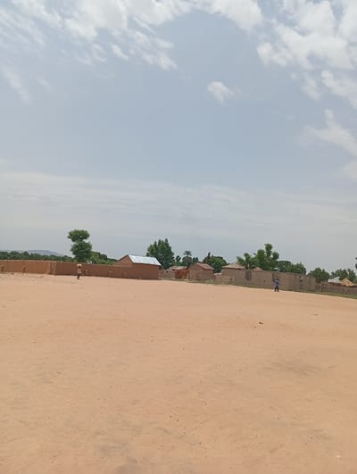 An outdoor daytime scene shows a sandy area in front of a cluster of buildings. The buildings are constructed from brown mud or adobe and some have corrugated metal roofs. There are several trees scattered throughout the scene, some with dense green foliage and others more sparse. In the background, a range of hills covered in vegetation is visible. The sky is light blue with scattered white clouds.
In the foreground, a person is walking from left to right across the sandy area. They are carrying an object on their head. Further to the right, another person is walking from right to left. They appear to be wearing a blue garment.
The location is the city of Azume, Nigeria. The overall impression is of a rural or semi-rural settlement.