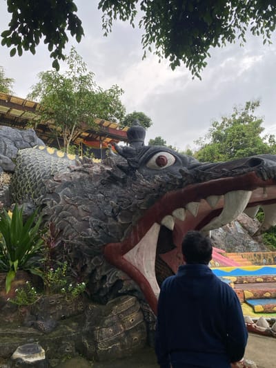 The image shows a large, concrete dragon sculpture with its mouth agape. The sculpture is made of gray concrete with red and white painted teeth and a red tongue. The dragon's eye is painted red and is looking directly at the viewer. The sculpture is located in front of a man wearing a blue hoodie. The man is standing in front of the dragon with his back to the camera. The sculpture is surrounded by green foliage and rocks. The background of the image shows a green forest and a cloudy sky. This scene is located in Kecamatan Manyaran, Indonesia, at the coordinates latitude: -7.826, longitude: 110.816.