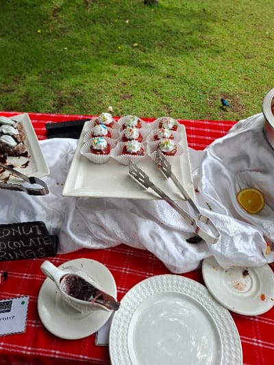 The image shows a table with a red and white checkered tablecloth, set with a variety of dishes. The table is located in Karagita, Kenya, at the coordinates -0.773 latitude and 36.42 longitude. The scene depicts a catered event or a party setting. The table is covered with a white tablecloth and a red and white checkered tablecloth. A white plate with a rim holds 8 red velvet cupcakes, topped with white frosting and colorful sprinkles, arranged on a white rectangular plate. Two silver tongs are on the white tablecloth. To the right of the cupcakes is a white plate with a rim. Another plate is in the background. There is a white plate with a rim, holding a white gravy boat filled with chocolate sauce. There is a plate with a dessert, a slice of cake, covered with chocolate sauce.  The table is also set with a sign made of black cardboard with white writing that reads "SNACKS, LATTE, CHOCOLATE, & DRINKS."  The scene is outdoors, with a lush green lawn visible in the background. The overall impression is one of a festive and celebratory atmosphere.