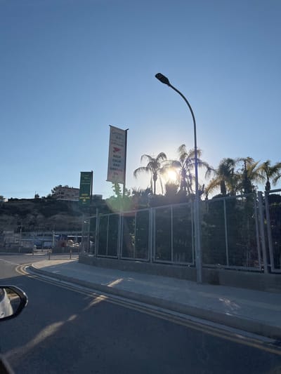 The image shows a street scene in Mouttagiaka Community, Cyprus. The sun is shining brightly behind some palm trees and a metal fence. There is a streetlamp on the left. A road with double yellow lines runs along the right side of the image. Two signs for "Green Valley Nursery Florist E. Pittali LTD" are visible. One sign says "KEEP CALM AND GARDEN ON", and the other says "KEEP SMILING". A building is visible in the background. Part of a car's side mirror is in the lower right corner.