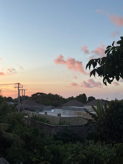 Captured from an elevated perspective in Ungasan, Indonesia, the image showcases a tranquil, warm-toned sky at dusk, tinged with faint pink clouds. A dense assemblage of green foliage fills the right side of the composition, contrasting with the rooftops of several structures. Power lines stretch across the lower-middle area, juxtaposed against the fading sunlight. A tree branch with leaves is partially visible in the top-left corner.