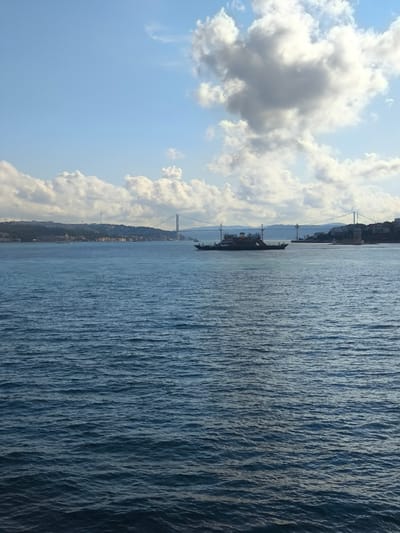 This image captures a wide-angle view of the Bosphorus Strait in Istanbul, Turkey, under a dynamic sky. The foreground is dominated by the deep blue, choppy waters of the strait, reflecting the sky's light.
In the mid-ground, a large ferryboat with a dark hull and several decks is moving across the water. It appears to be carrying vehicles and possibly passengers, a common sight on this busy waterway. The ferry's wake is visible as it propels itself forward.
The background reveals the Asian side of Istanbul, characterized by a hilly coastline dotted with buildings. A prominent suspension bridge, likely the Bosphorus Bridge, spans the strait, its pylons and cables silhouetted against the horizon. The cityscape blends into the distant hills, with some structures appearing as faint outlines due to the distance.
The sky is a mix of clear blue and scattered cumulus clouds. Some clouds are bright white and fluffy, catching the sunlight, while others are darker and more shadowed, suggesting a partly cloudy day. The lighting indicates it's likely late afternoon or early morning, with the sun casting gentle light on the scene.
The overall mood is serene and expansive, emphasizing the grandeur of the strait and the iconic cityscape of Istanbul. The presence of the ferry and the bridge highlights the vital role of the Bosphorus as a transportation link. There is no visible text in the image.