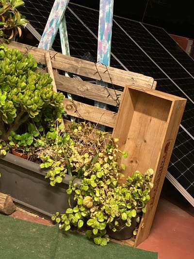 The image shows an outdoor scene in Sabadell, Spain, likely a rooftop or balcony. In the foreground, there is a dark gray planter filled with various green plants. To the right of the planter, a light brown wooden crate stands upright, also containing plants. Behind the planter and crate, a rustic wooden fence is visible, adorned with a string of small lights. In the background, several solar panels are arranged diagonally, suggesting a modern installation contrasting with the rustic elements. The overall impression is a slightly unkempt but functional urban outdoor space.