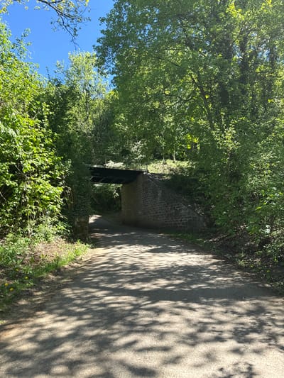 The image shows a pathway passing under a brick bridge structure, likely a railway or road bridge, surrounded by dense green vegetation. The path appears to be paved and is partially shaded by trees. The sky is visible in the upper left corner, appearing bright and blue. Based on the prompt, the location is Pétange, Luxembourg. There are no people or subjects clearly visible in the image. The primary actions are the potential movement along the pathway and the interaction of light and shadow on the path's surface. The environment is predominantly natural, with dense foliage typical of a wooded area.