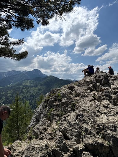 The image captures an active rock climbing or scrambling scene in a mountainous landscape, identified as Zakopane, Poland. The perspective is from below, looking up a steep, rugged rock face, with the sky and distant mountains visible.
At least three individuals are present. One person, wearing a blue shirt and dark shorts, is actively engaged in climbing/scrambling on the grey rock face, using both hands and feet to find holds. Slightly higher and to the right, another individual in a dark shirt and a red hat is also on the rock face. In the bottom right foreground, the back of a third person's head and shoulder are visible, suggesting they are observing or participating from below.
The dominant feature is the massive, textured rock face, characterized by deep crevices, rough surfaces, and patches of small green vegetation with a few yellow flowers. Beyond the immediate rock, a sprawling vista of lush, green mountains covered in dense coniferous forests extends into the background. The sky above is a clear, vibrant blue, dotted with large, fluffy white cumulus clouds. Branches of pine trees frame the left and right edges of the foreground.
The scene depicts an outdoor adventure activity, likely taking place on a bright, sunny day, indicated by the strong sunlight and visible shadows on the rock. The weather appears pleasant and suitable for climbing. The natural setting emphasizes the rugged beauty of the Polish mountains. No visible text is present in the image.