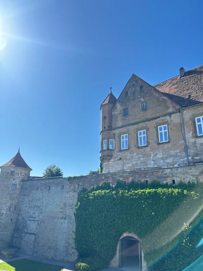The image shows a low-angle view of a historic building in Untergruppenbach, Germany. The building is constructed from stone and brick, featuring a tower with a red-tiled roof. The main section of the building has multiple windows with white frames and is partially covered in ivy. The sky is clear and blue, with a bright sun in the bottom left corner.