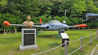 This is an outdoor scene featuring a display of aircraft and a bust in a park setting. The focal point is a light gray jet aircraft, labeled "Black Eagles" on its side, with orange pods on the wingtips. To the left of the plane stands a bronze bust of a man in military uniform, placed on a stone pedestal with Korean text inscribed on it. The text is a dedication to the late Lieutenant Colonel Kim Dohyeon, who died in 2006 during an airshow in Ulsan, South Korea. The text mentions that he sacrificed himself to prevent the plane from crashing into the audience. A sign to the right of the plane contains more information about the aircraft, identified as an A-37B (DRAGON FLY/41). Behind the jet is another plane, also in gray, with the designation "ROKAF 756". The scene is bordered by a rope and post fence. The background shows a lush green area filled with trees, suggesting a park or memorial site in Ulsan, South Korea.