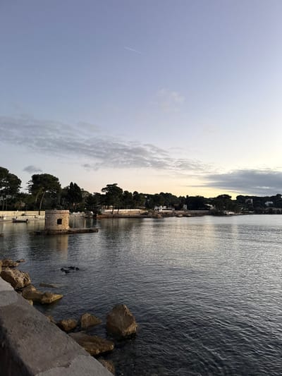 A tranquil coastal scene unfolds with a calm sea reflecting the sky. Rocks line the right foreground, leading to a harbor with a stone structure emerging from the water. A stretch of beach and green trees occupy the land alongside the water. The sky is a gradient of blue and cloud-streaked gray, hinting at either sunrise or sunset.