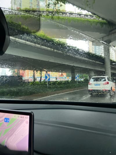The image was taken from inside a vehicle, looking through a rain-streaked windshield at an elevated road with lush greenery and buildings in the background. The time displayed on the car's navigation system is 14:01. A white SUV with the license plate B-38QG9 is driving in the rain on the road below. The navigation screen shows a map of the Luohu District in China. The overall scene depicts a rainy day in an urban environment, likely a highway or an elevated road system within the Luohu District.