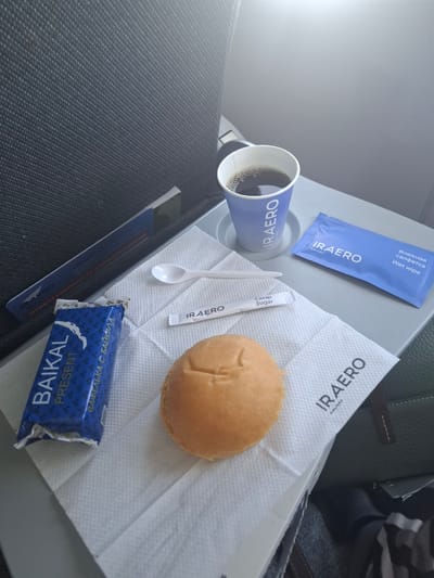 The image shows an airline meal service tray with a cup of coffee, a wrapped cookie or pastry, a sugar packet, a plastic spoon, and a wet wipe. The items are arranged on a grey tray table. The background appears to be the interior of an airplane cabin, with a dark grey textured seatback visible on the left and a lighter grey headrest or wall on the right. The coffee cup and wet wipe packaging both feature the logo "IRAERO" and "AIRLINES," indicating the airline. The cookie wrapper is blue and has the text "BAIKAL PRESENT" and Russian text that translates to "Wafer with Baikal." The wet wipe is labeled in both Russian and English as "Wet wipe." The scene is lit by natural light coming from the right, suggesting it might be daytime. The image does not contain any direct or indirect references to the city of Irkutsk, Russia, beyond the airline's branding which may serve the region.