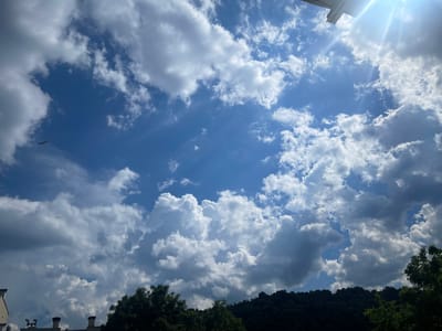 The image captures a bright, partly cloudy sky over a landscape in Berkovitsa, Bulgaria. The sun is visible in the upper right corner, casting bright rays through the clouds. Fluffy white cumulus clouds fill the sky, interspersed with patches of blue. In the distance, a dark, tree-covered hillside forms the horizon line. The lower part of the image shows the silhouettes of buildings and trees, suggesting an urban or semi-urban setting. There is a small, dark object, possibly a bird or an aircraft, in the upper left quadrant of the sky.