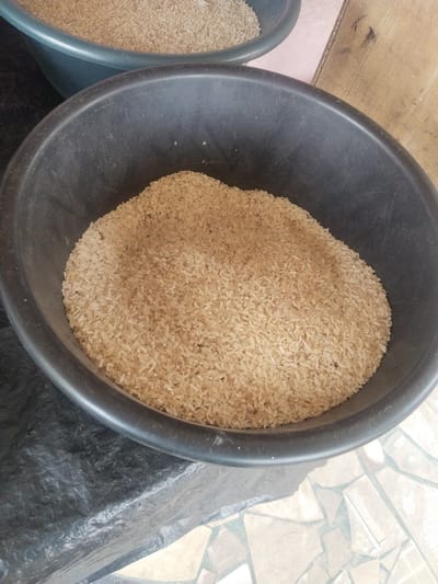 The image shows two large, dark-colored plastic basins filled with uncooked rice. The basin in the foreground is larger and more prominently displayed, with its rim clearly visible and a substantial amount of rice filling it. The rice appears to be light brown or yellowish in color and is piled high, with individual grains distinguishable. The basin is sitting on a black, crinkled surface, possibly a tarp or plastic sheet. Behind this basin, and slightly out of focus, is another, similar basin, also containing rice. This second basin appears to be a darker teal color. The background is blurred, but hints of a wooden surface and a tiled floor can be discerned. The overall impression is one of bulk storage of rice, likely in a market or storage facility. The image's context suggests it was taken in Uyo, Nigeria, an environment where such storage of staple food items is common. There are no people visible in the image.