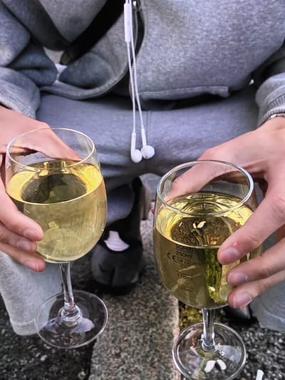 Two hands are holding two wine glasses filled with a light-colored liquid, likely white wine. Both glasses have a distinct shape with a wide bowl tapering to a stem and a circular base. The glass on the left is held by a hand with fingers curved around its bowl. The glass on the right is held by another hand, with fingers visible around the bowl and thumb resting on the rim. The glasses are placed on a rough, gray surface, possibly a stone or concrete patio.
In the background, a person wearing a gray hooded sweatshirt and gray sweatpants is seated. Earbuds with white wires are visible hanging from the neck area of the sweatshirt. A portion of dark-colored footwear is visible on the ground beneath the person. The lighting suggests an outdoor setting, possibly during daylight. The overall scene depicts a relaxed, casual moment with beverages. The image does not contain any specific indicators of the city of Voluntari, Romania.