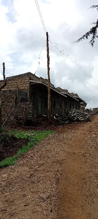 This image depicts an unpaved dirt road in Rwanyambo, Kenya, running from the foreground towards the background, slightly uphill. To the left of the road, a long, low-rise building appears to be under construction or in a state of disrepair. The building is constructed with exposed cinder blocks or rough-hewn stone, featuring multiple window openings, some with dark frames. Its roofline is irregular, suggesting individual units or an unfinished structure. A substantial pile of construction debris, consisting of rocks and rubble, is accumulated in front of the building, predominantly on the right side. A wooden utility pole stands prominently near the center of the frame, positioned in front of the building, supporting multiple black overhead wires that extend diagonally across the sky. Another smaller, dark pole is partially visible further left. In the immediate foreground, to the left of the dirt road, a strip of green grass borders darker earth. The sky is heavily overcast with grey and white clouds. Dark green foliage from a tree is visible on the far right edge of the frame. No individuals or vehicles are present.