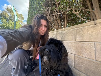 An outdoor daylight image taken in Ramat HaSharon, Israel, depicts a young adult female and a large black shaggy-haired dog. The female, positioned on the left, has long dark hair and facial piercings including a labret piercing and a nostril ring. She is crouching on a grey paver pathway, wearing an olive-green jacket over a white top, grey pants, and a black shoulder bag with a white "Supreme" logo. She extends her right arm, holding a camera or phone, and looks towards it with a slight smile and pursed lips. She also holds a blue leash attached to the dog. The dog, a large black shaggy breed, is seated or standing to the female's right. The background features a light-colored, multi-block stone wall behind the dog, topped with dense green foliage and tree branches. To the upper left, a green sign on a dark pole is visible. The sky above is blue with scattered clouds.
